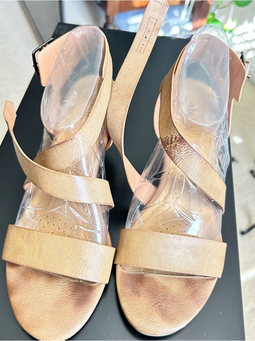 Abella Box Panel Showing Size 7 1/2 and Cognac Label on Light Blue Panel